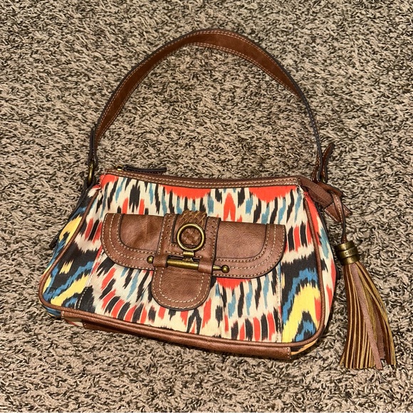 Chaps Handbags - Chaps Brown and Red Shoulder Bag with Leather Accents